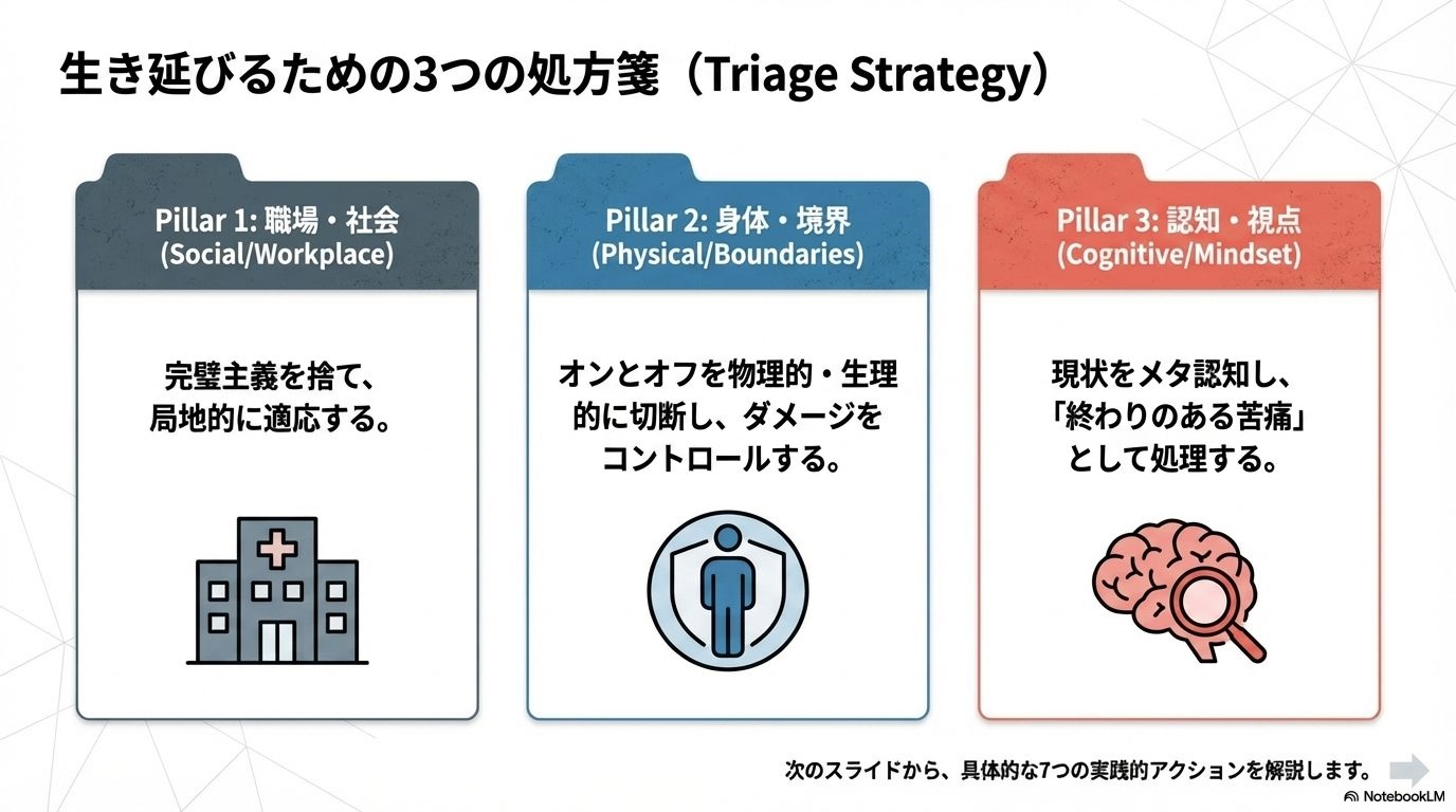 職場、身体、認知の3つの側面からなる、生き延びるための戦略。