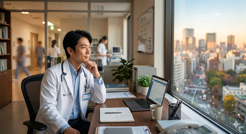 専門医なしで医局を辞めた医師が転職を考えている場面