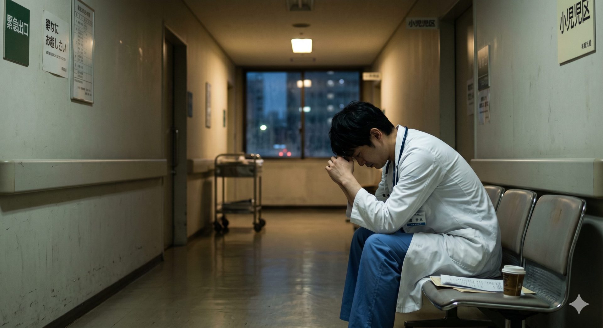 疲弊した医師が医局の廊下で肩を落としている様子