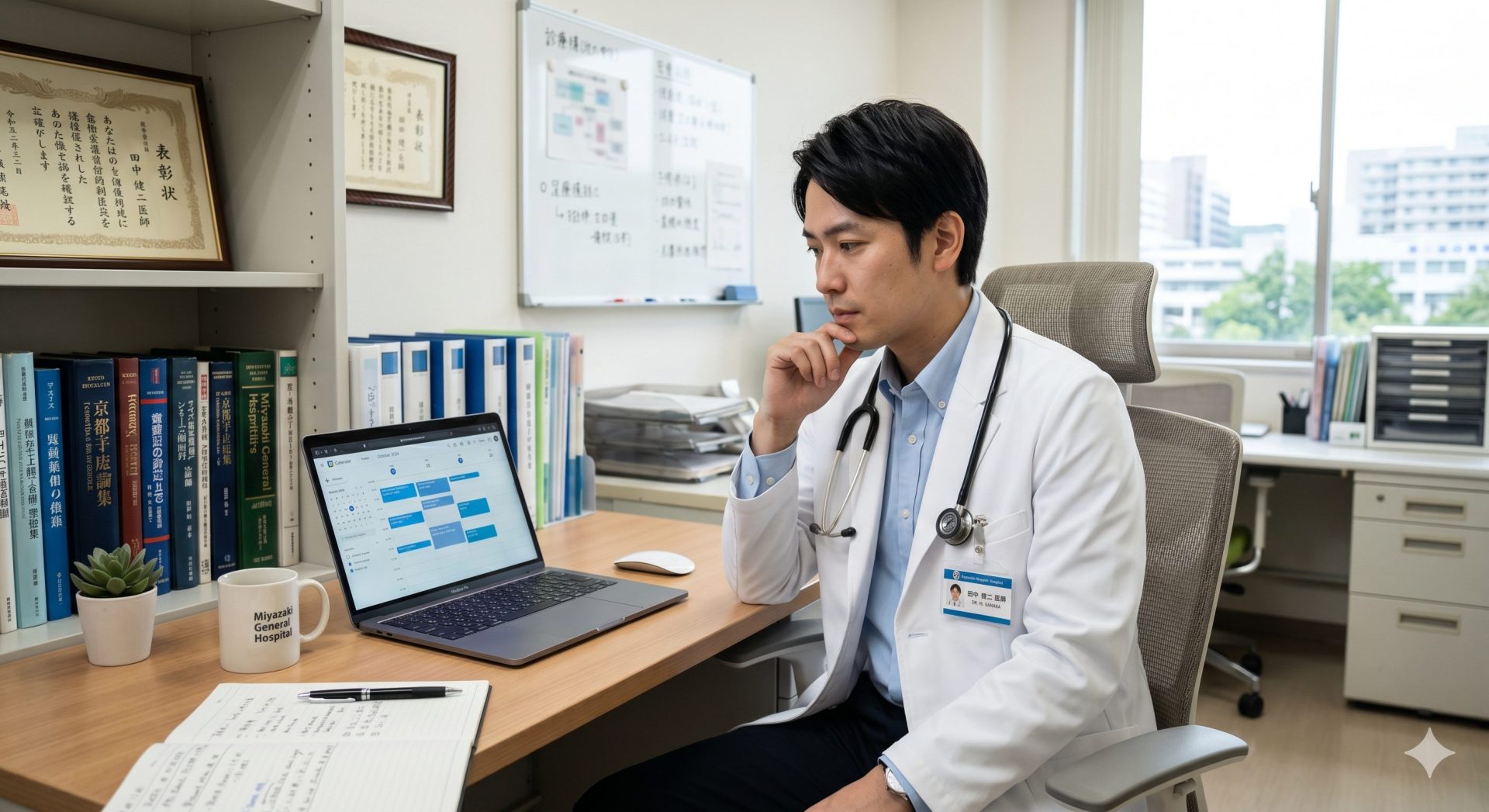 医師がカレンダーを見ながら退局タイミングを検討している様子