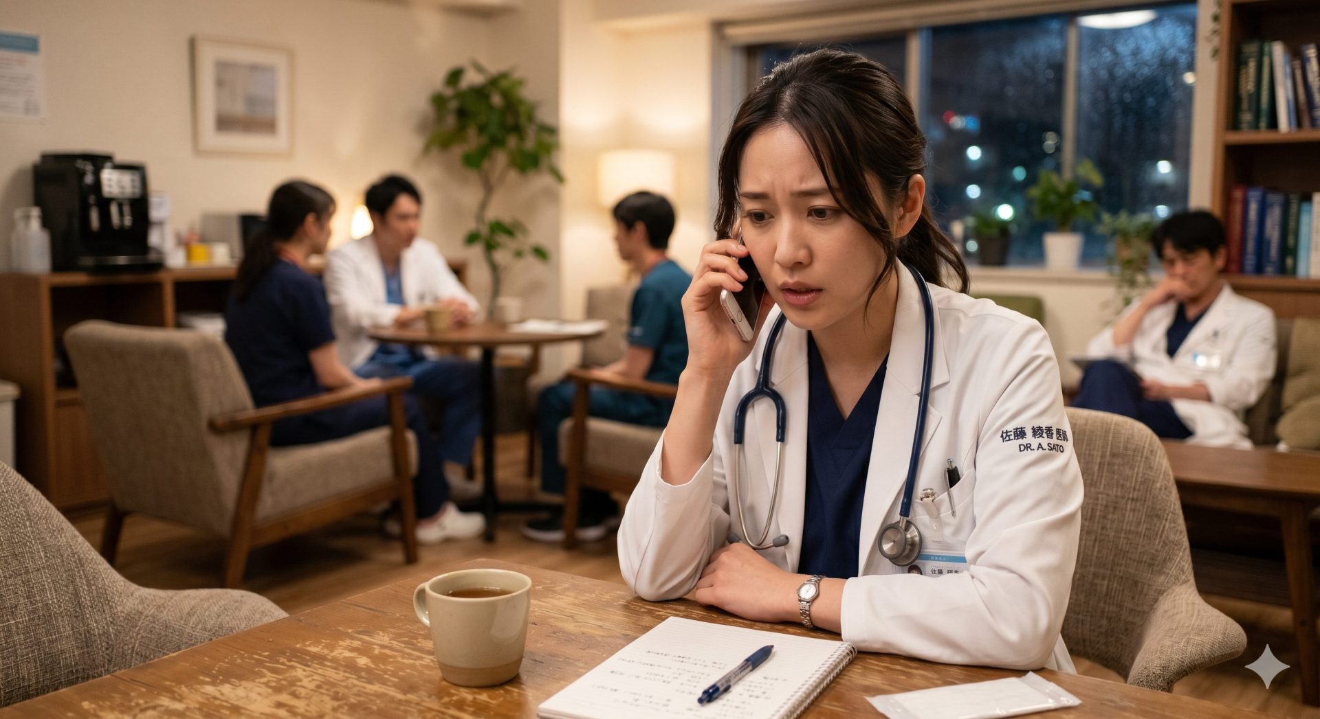 医師が職場のトラブルについて相談している場面