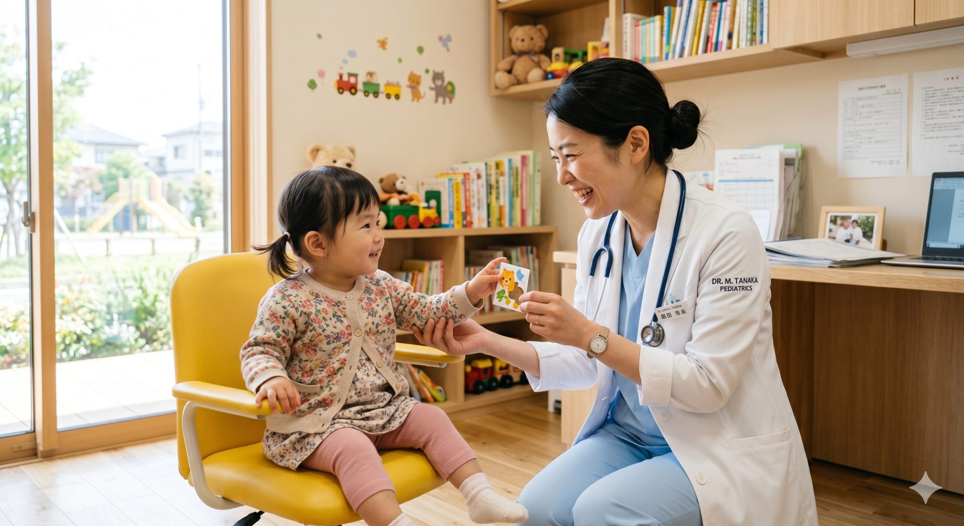 女性医師が子どもと過ごしながら医師として働く様子