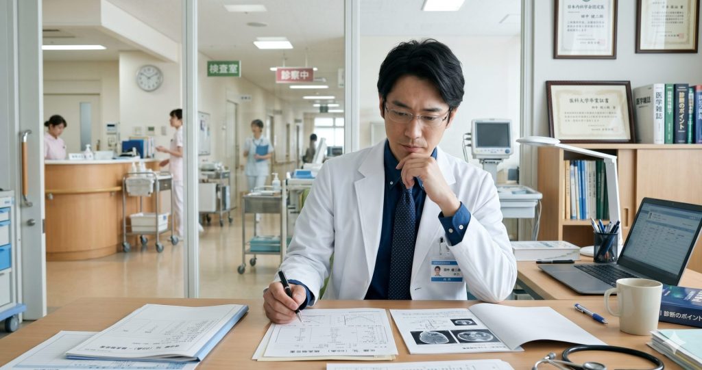 大学病院で働く日本人男性医師が給与明細を見て考え込んでいる様子