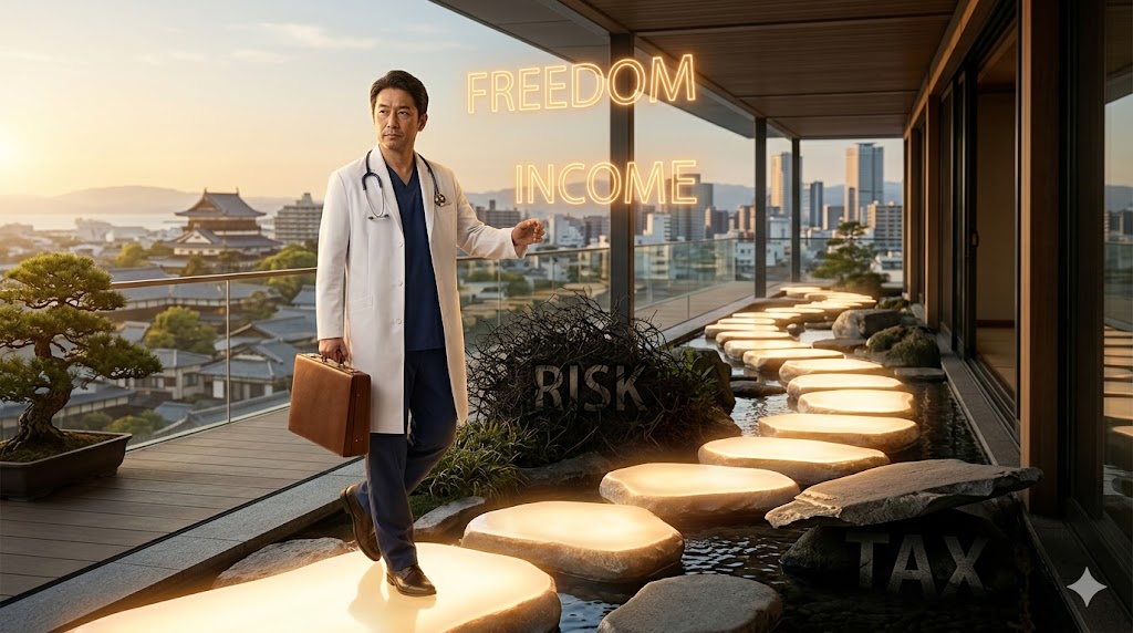 自由と高収入への明るい道と、見えにくいリスクの影が共存する道を歩み出す40代の日本人男性医師の概念画像。