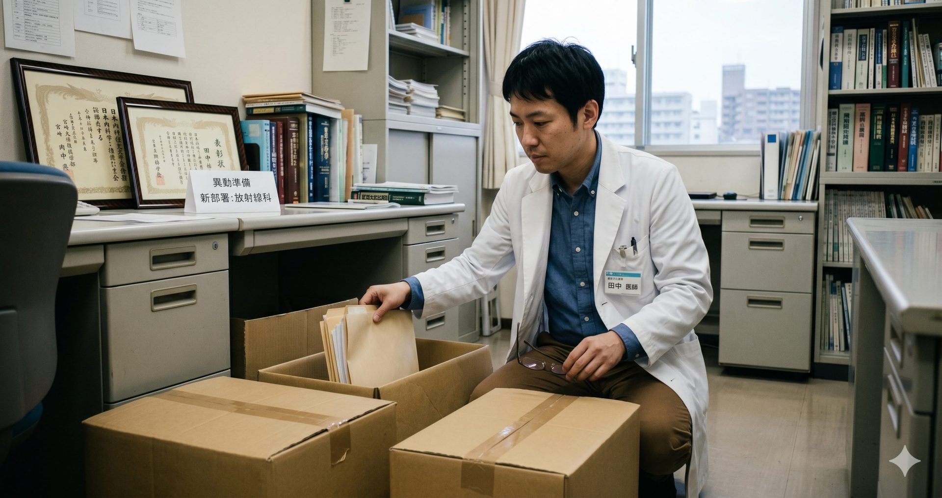 医局人事で転勤する医師の荷造りイメージ