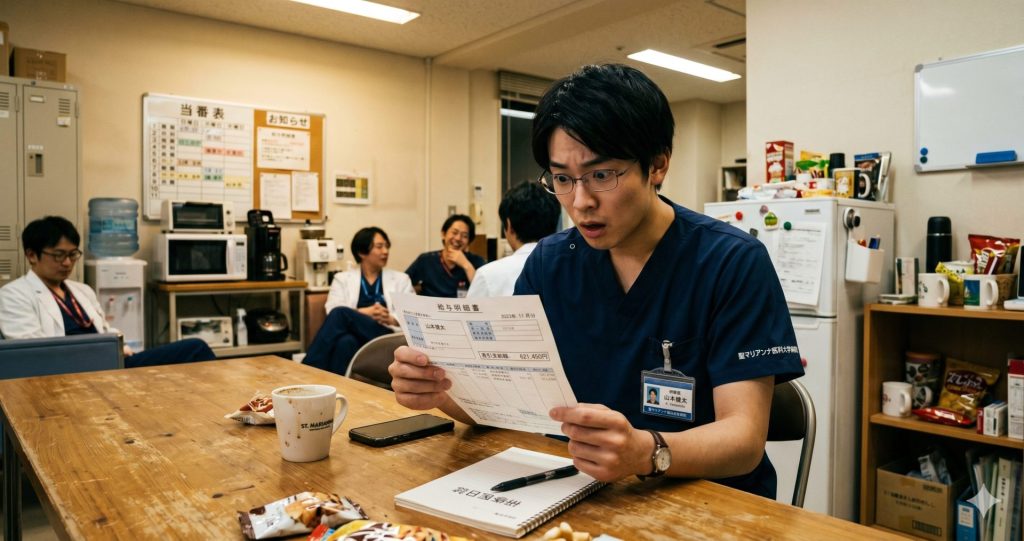 給与明細を手にする初期研修医のイメージ