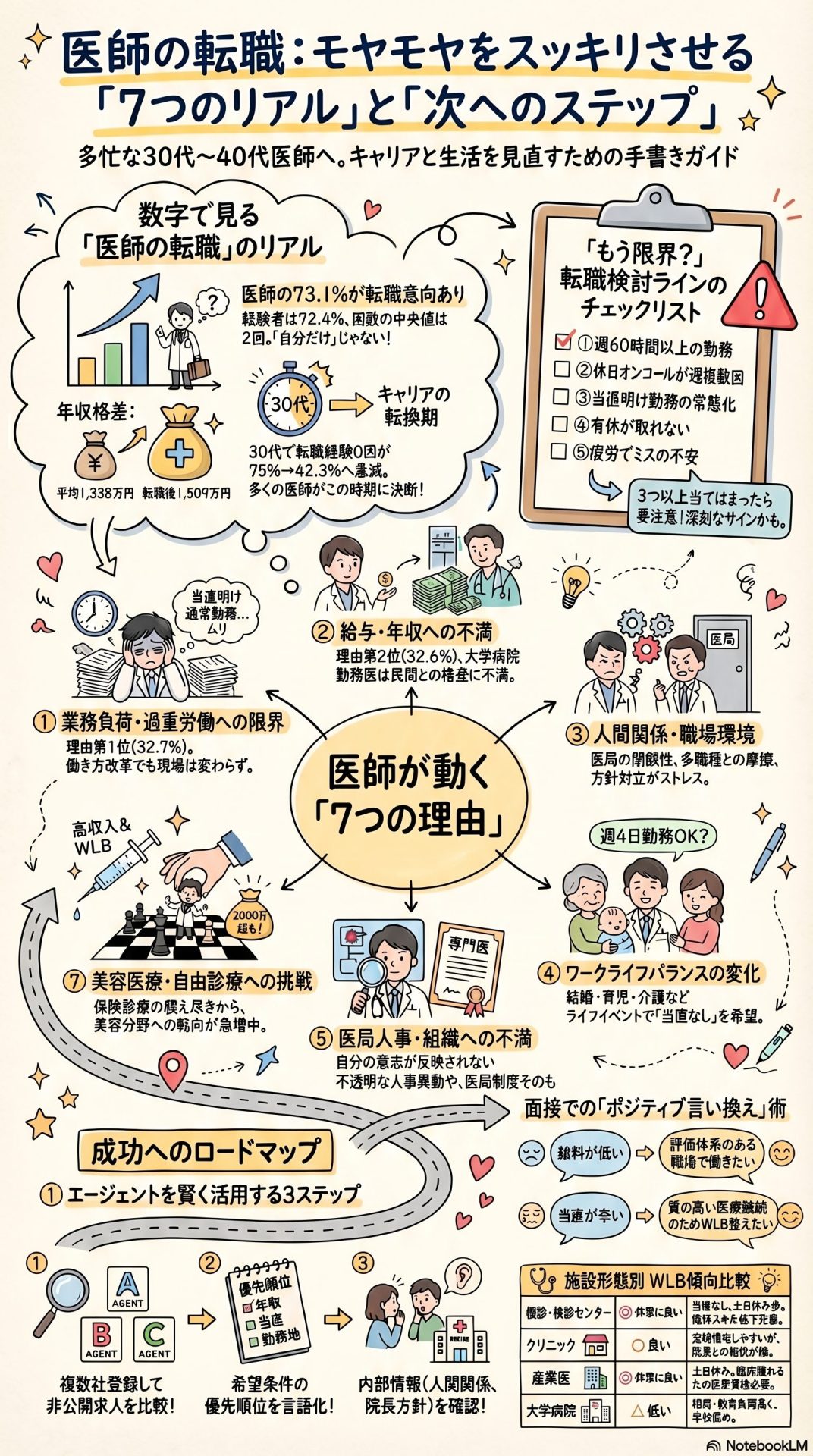 30代・40代の医師向けに、転職の動機や成功へのステップ、施設別の傾向をまとめたインフォグラフィック。