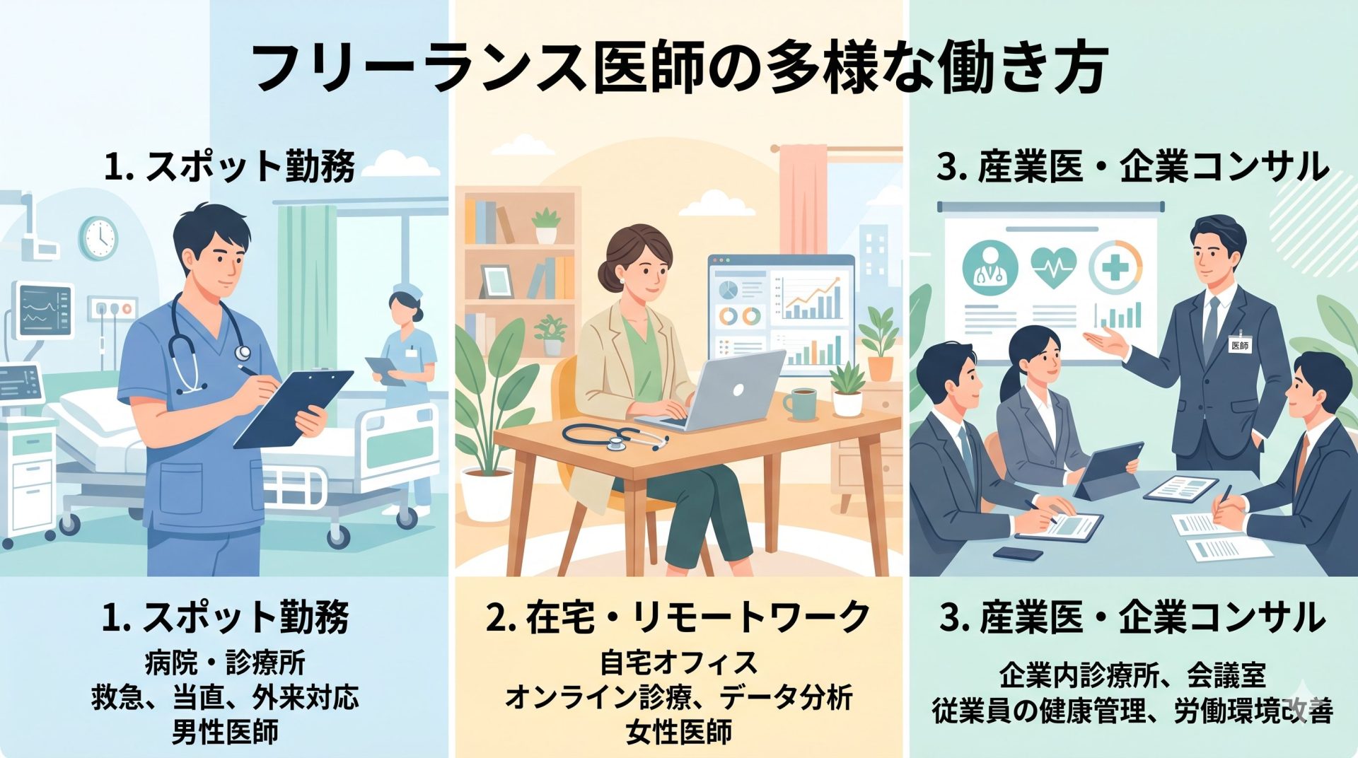 フリーランス医師の3つの働き方パターン図解