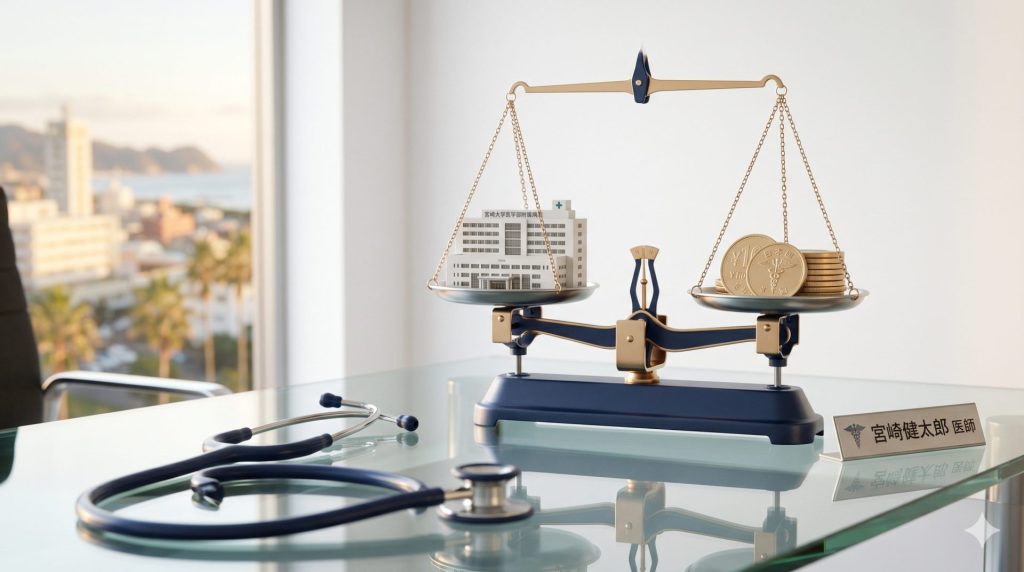 ガラスデスクに置かれた現代的な天秤。片側に大学病院のモデル、もう片側に金貨のスタックが載っている。手前に聴診器が配置された、医療キャリアの選択肢を表すプロフェッショナルな概念画像。