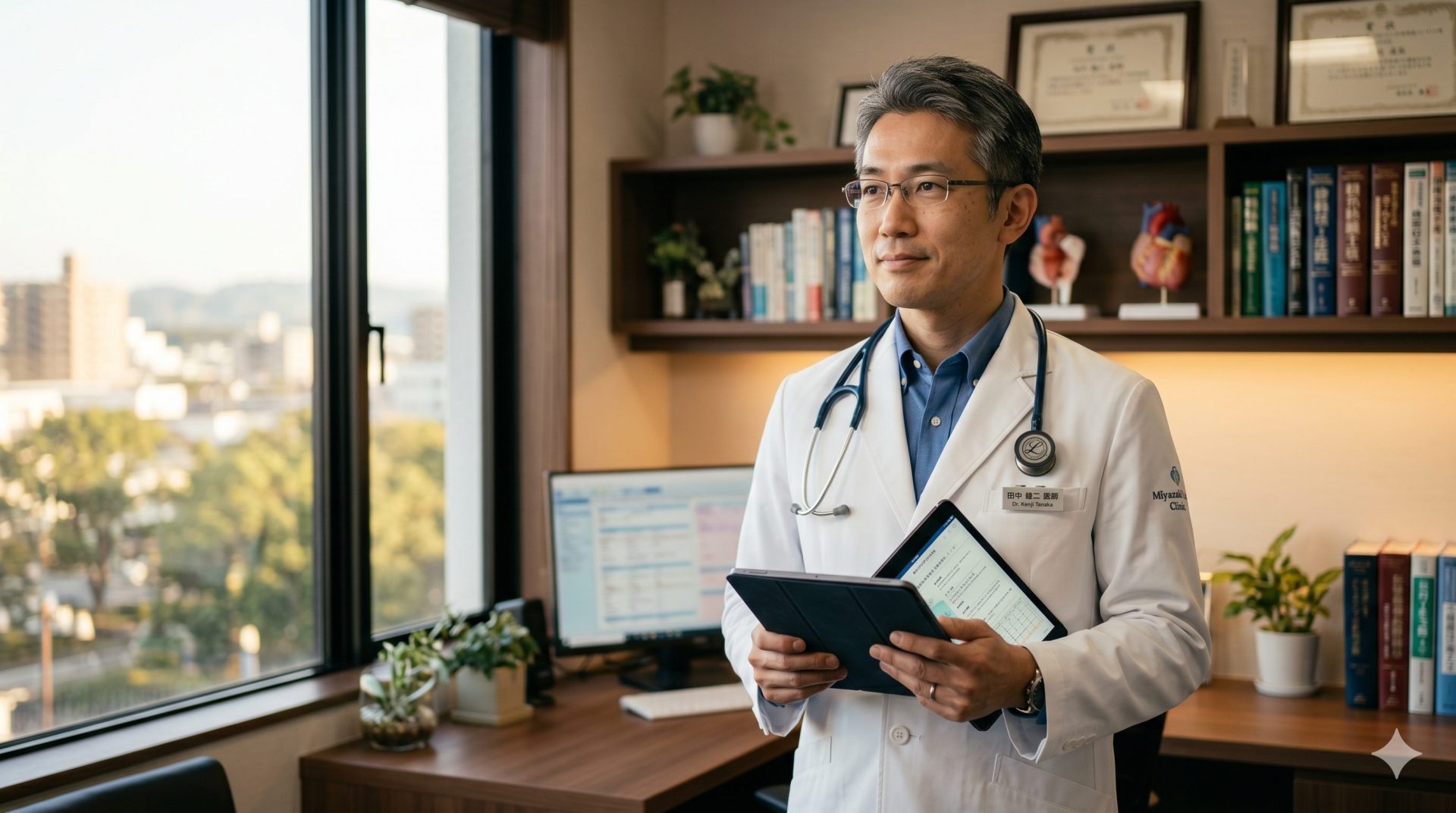 現代的なクリニックのオフィスに立つ、白衣を着て聴診器をかけた40代の日本人男性医師。デジタルタブレットを持ち、落ち着いて思索にふける表情。窓から柔らかな光が差し込むシネマティックな写真。