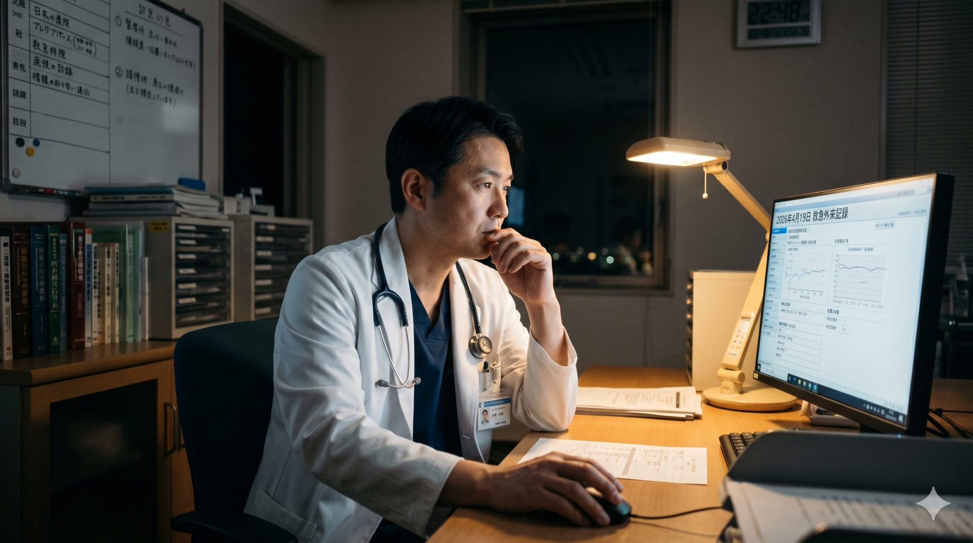 夜の静かな病院の医局で、デスクランプの光の中パソコンのカルテを確認する、スクラブの上に白衣を着た40代の日本人男性医師。