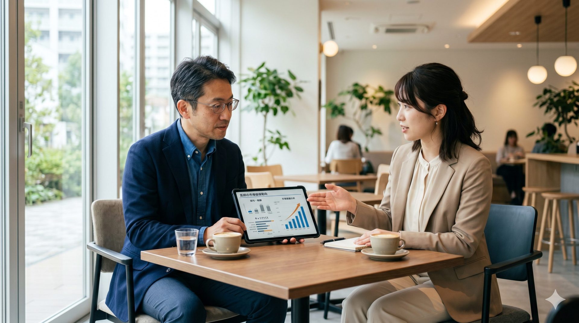 現代的なカフェで、キャリアコンサルタントと相談する40代の日本人男性医師。タブレットを持ち、コンサルタントの話を真剣に聞く様子。柔らかな自然光。