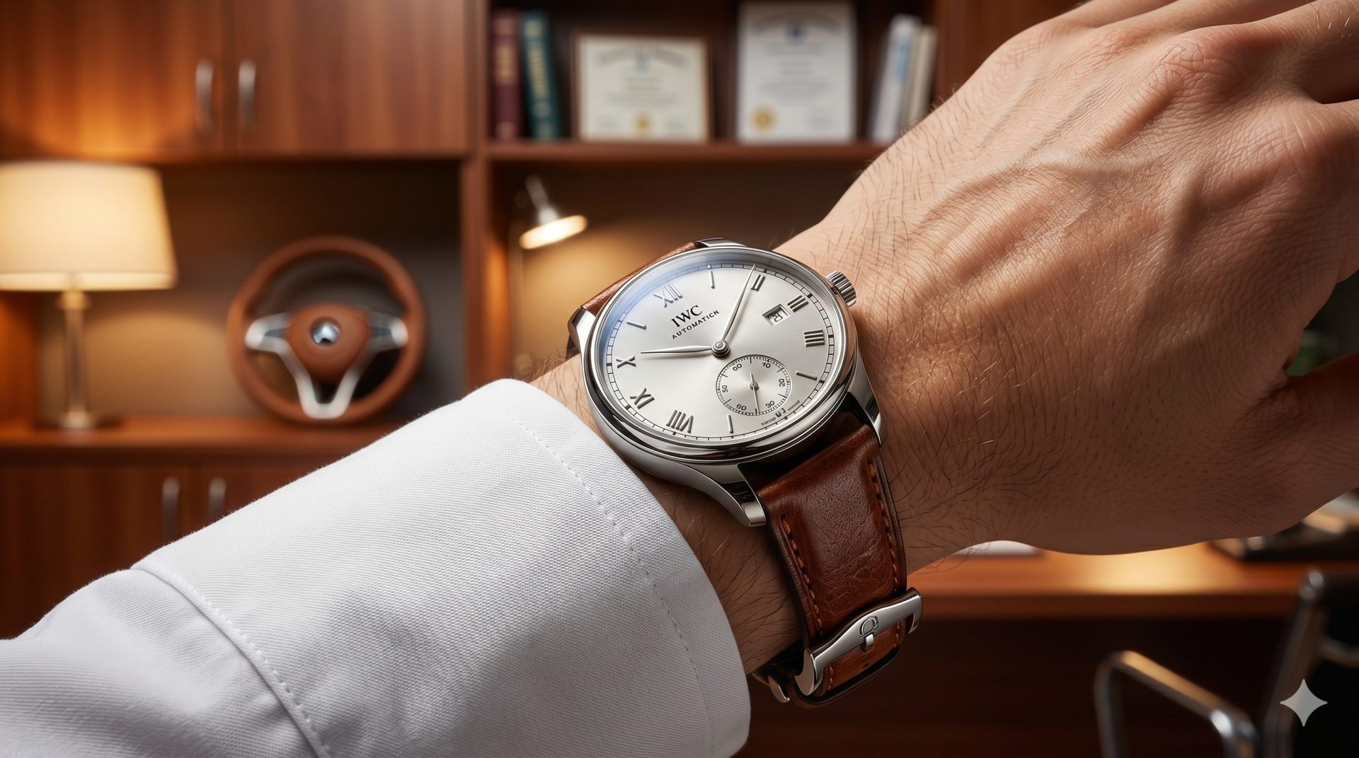 成功した医師の手元。高級な自動巻き腕時計。清潔な白衣の袖。上品な雰囲気。