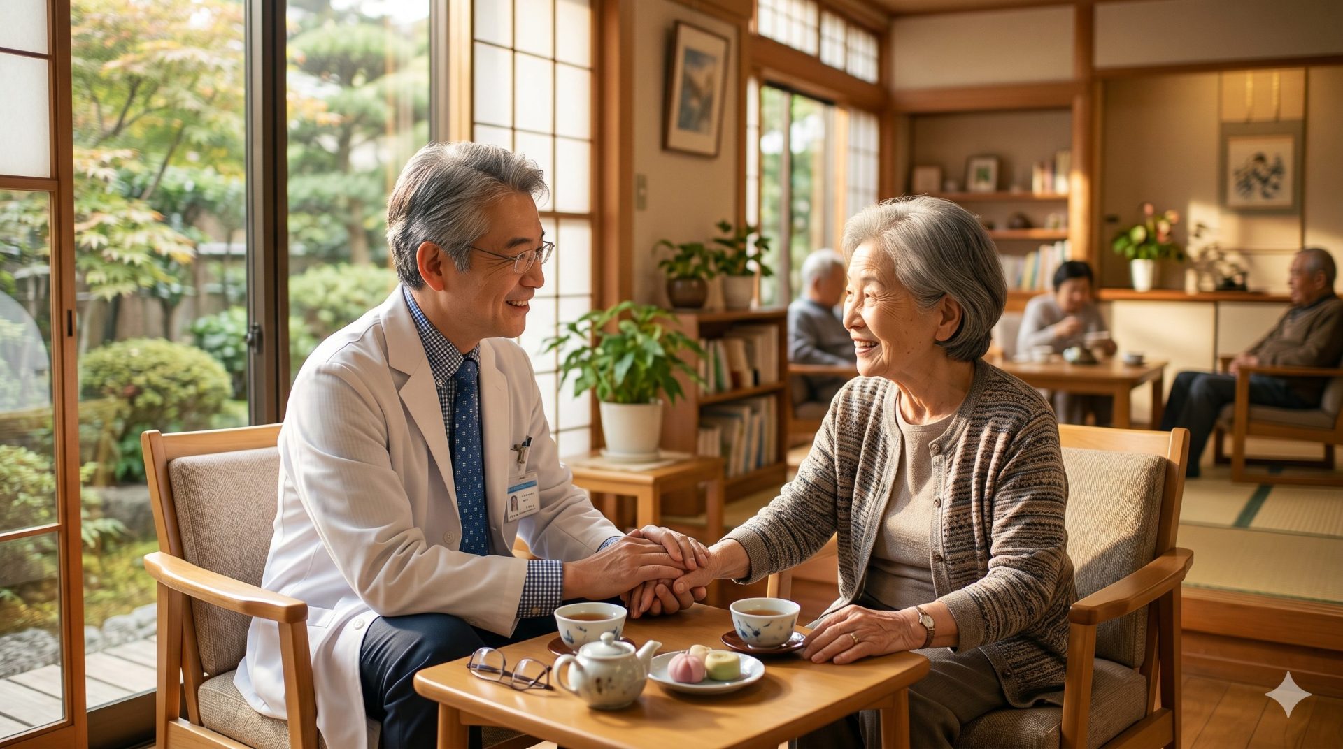 温かい自然光が差し込む日本の高齢者施設で、入居者と話す50代の日本人男性医師。柔らかい白衣を着て、親しみやすい笑顔。柔らかな午後の光。