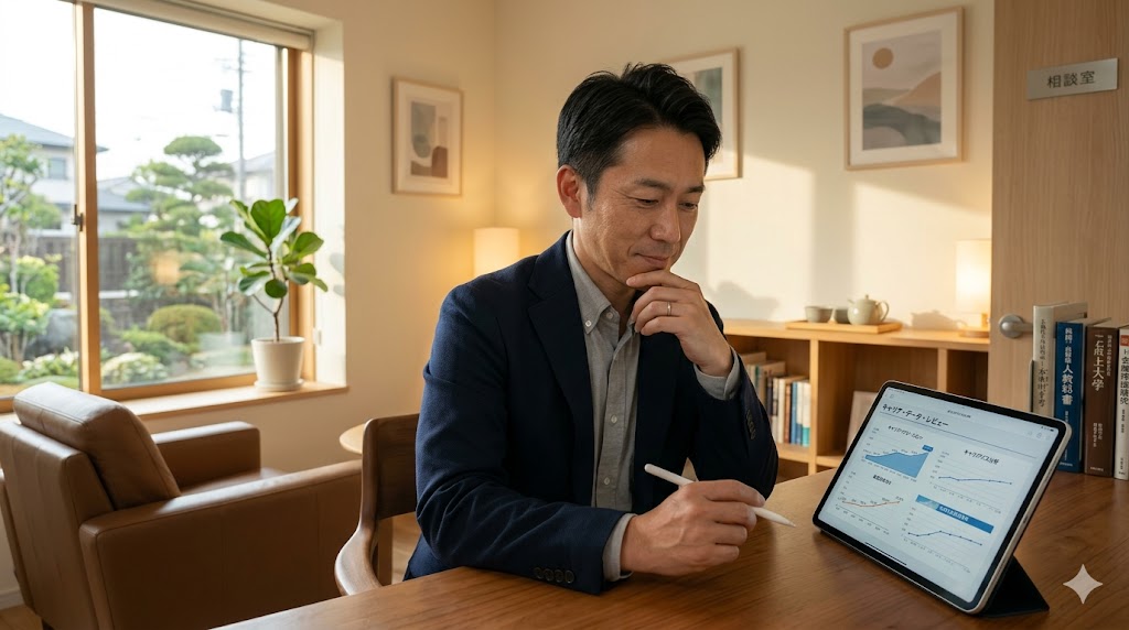 落ち着いた温かみのある診察室で、タブレットでキャリアデータを確認する40代の日本人男性精神科医。