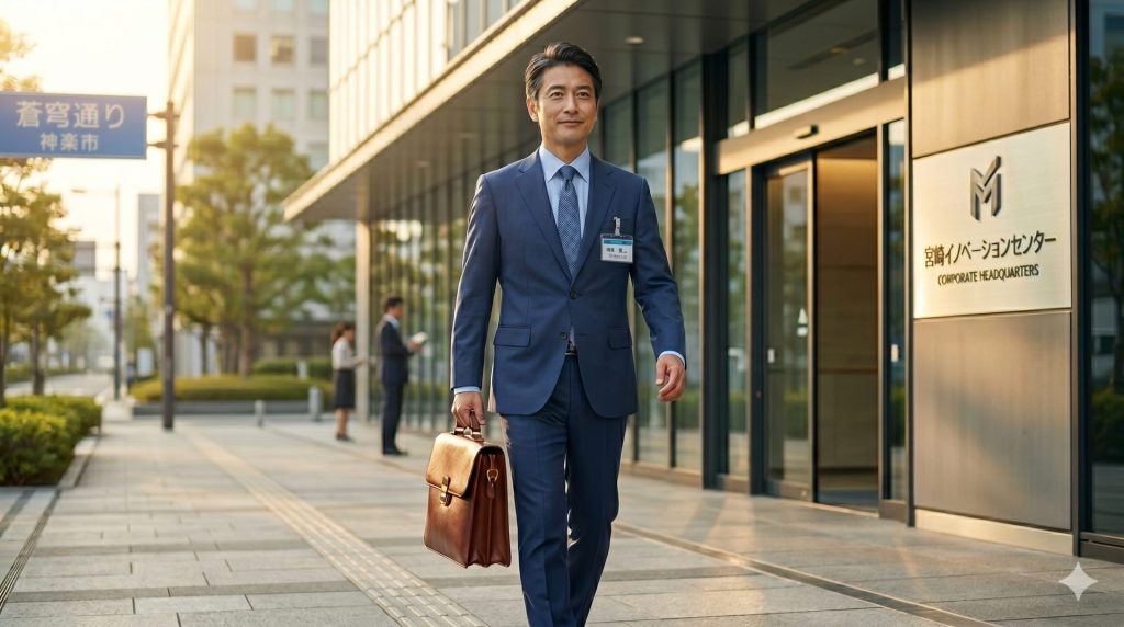 病院ではなく現代的なオフィスビルに向かって歩く、ブリーフケースを持った40代の日本人男性医師。柔らかな朝の光が差し込むプロフェッショナルな概念画像。