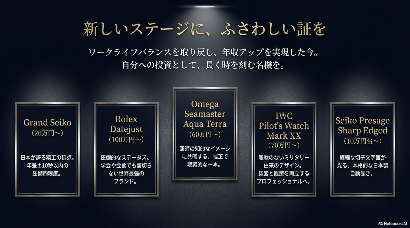 ワークライフバランスと年収アップを実現した後の自分への投資として、グランドセイコーやロレックスなどの高級腕時計を提案。