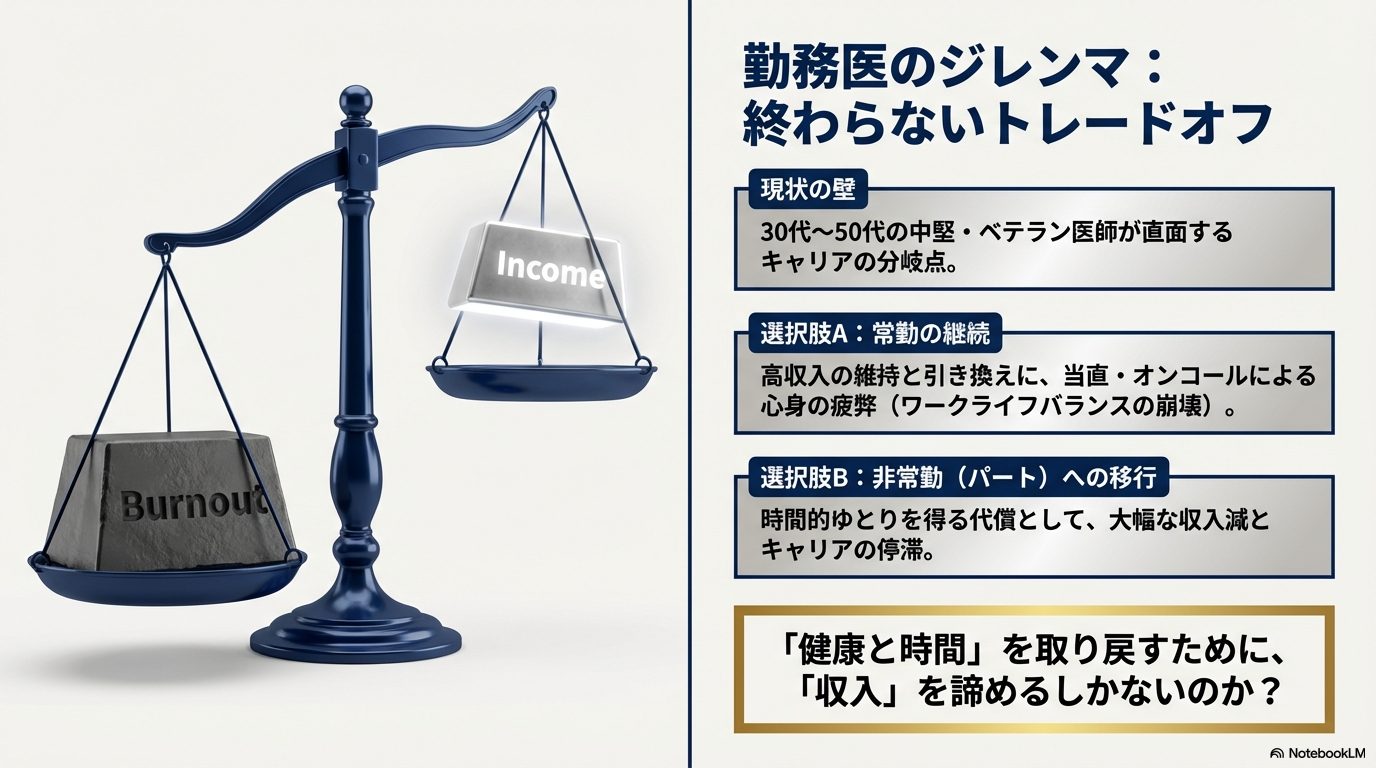高収入の常勤継続か、低収入の非常勤かという勤務医のトレードオフのジレンマを天秤の図で解説。