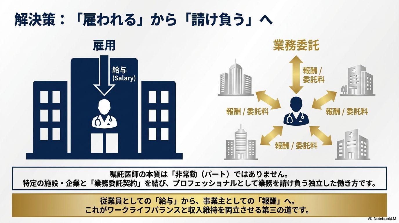 雇用による「給与」から、複数の企業との業務委託による「報酬」へと働き方をシフトする解決策の図解。