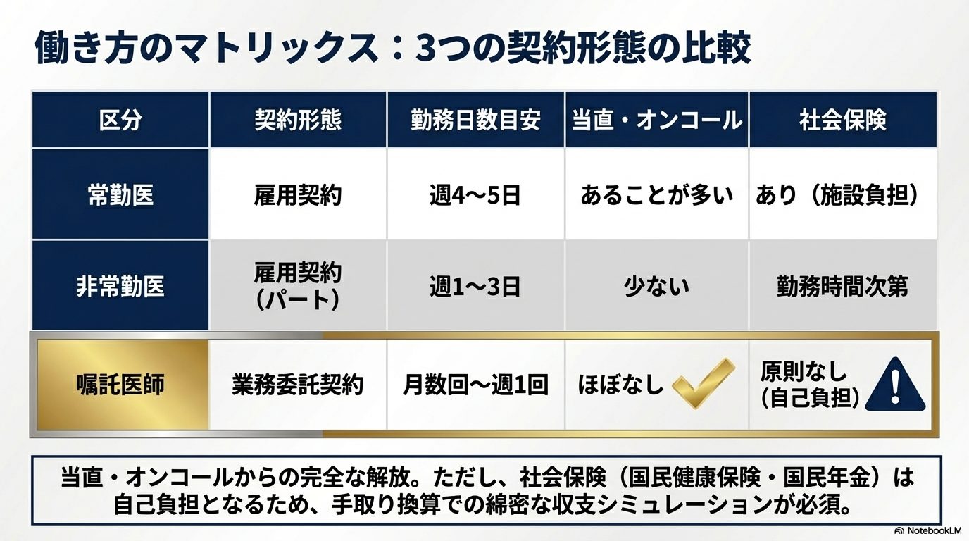常勤医、非常勤医、嘱託医師の働き方を、契約形態、当直、社会保険などの項目で比較したマトリックス図。