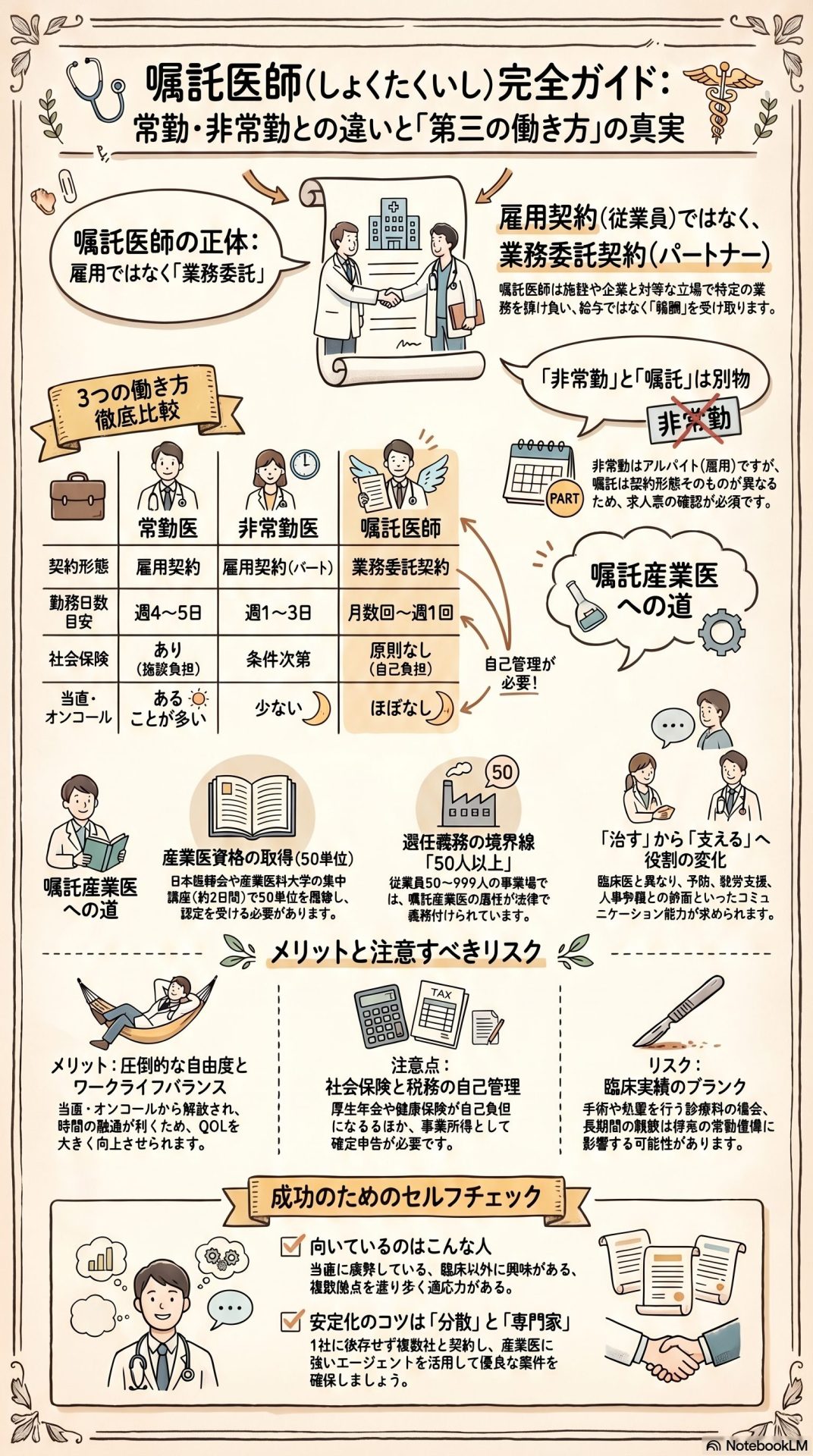 嘱託医師の定義や常勤・非常勤との違い、産業医への道、メリットとリスクを解説したインフォグラフィック。
