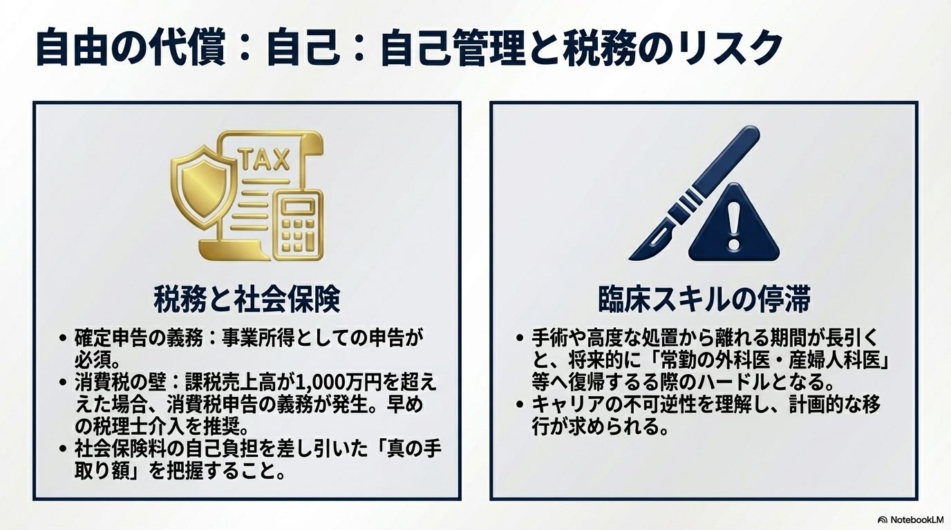 嘱託医師として独立する際の自由の代償として、税務申告の義務や臨床スキルの停滞リスクを説明。