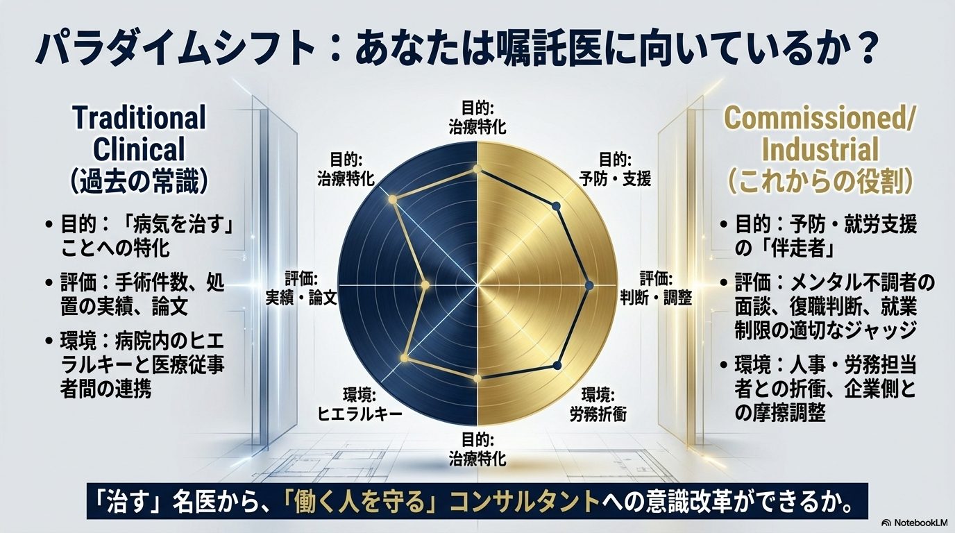 「治す」医療から「働く人を守る」産業医への意識改革の必要性を、レーダーチャートを用いて比較。