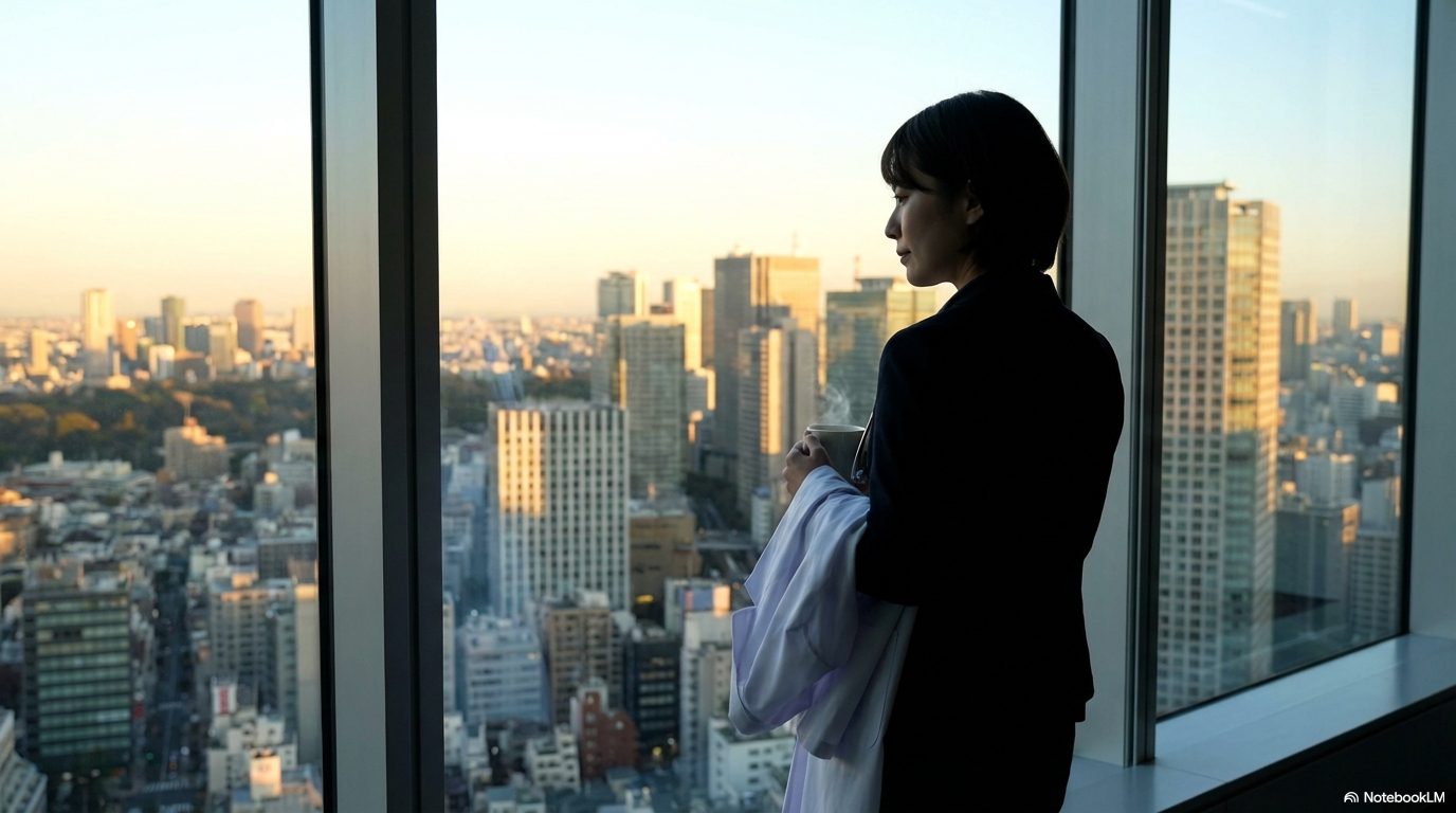 夕暮れの都会の景色を背景に、窓際で白衣を腕にかけマグカップを持つスーツ姿の女性。