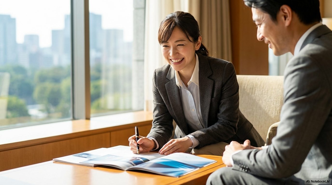 明るいオフィスで資料を確認しながら、笑顔で男性と打ち合わせをするスーツ姿の女性嘱託医師。