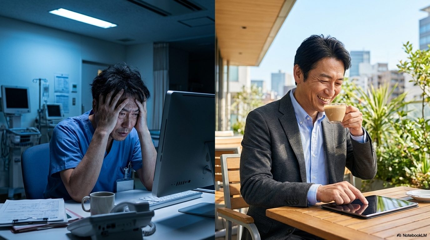 左側: 従来の業務で、医師が夜遅くまでストレスを抱えながら働いている様子。右側: 「NotebookLM」を活用し、屋外でコーヒーを飲みながらリラックスして効率的に仕事に取り組む姿。
