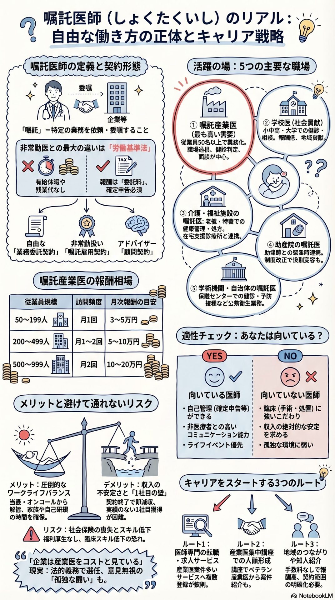 嘱託医師の定義、主な職場、報酬相場、適性、メリットとリスク、キャリア形成のルートを解説するインフォグラフィック。
