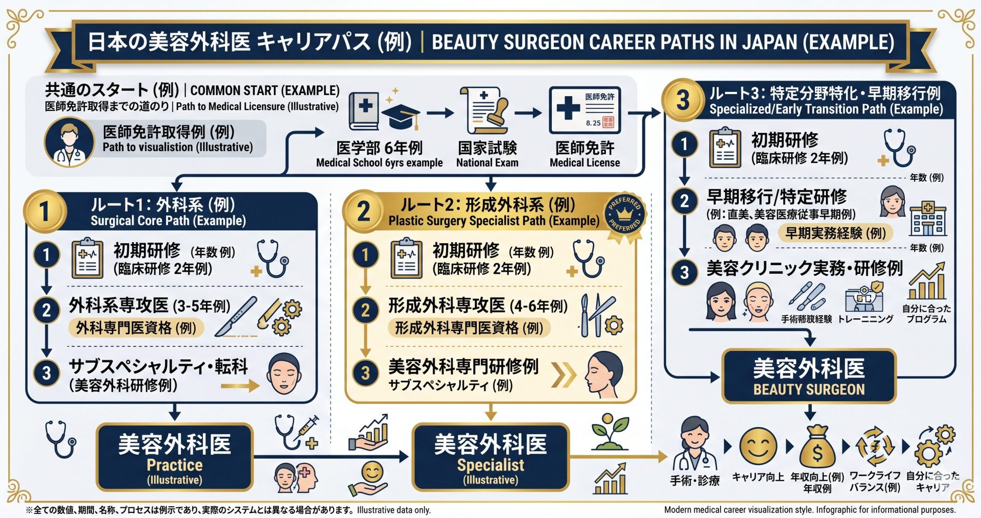 美容外科医になるためのルートとキャリアパスを示す図解