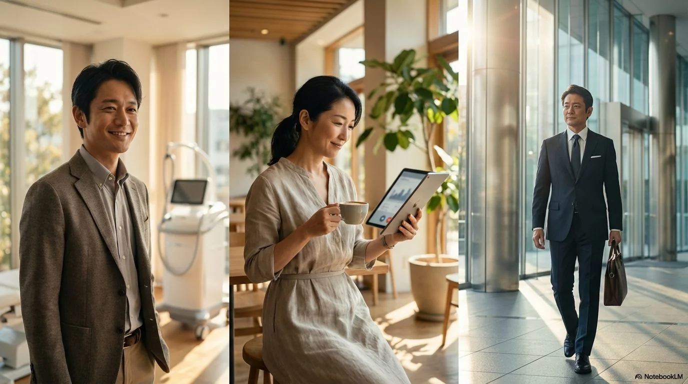 笑顔の男性、タブレットを見る女性、スーツで歩く男性の3つの仕事風景。