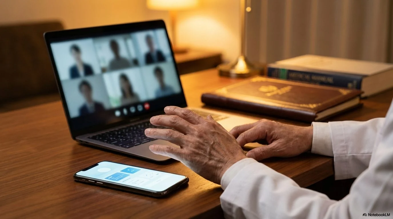 デスクでスマートフォンを操作しながら、ノートPCでビデオ会議を行う医師の手元。