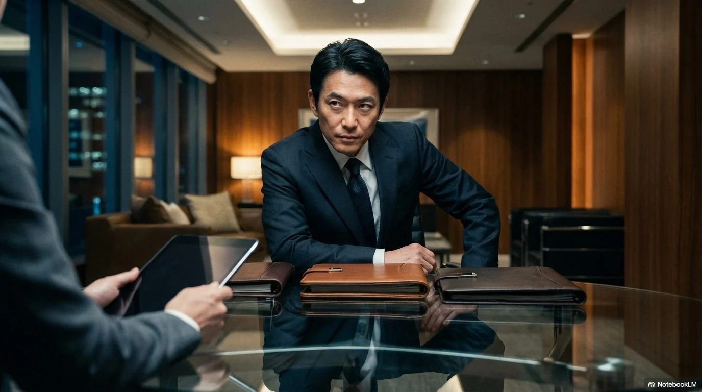 重厚な会議室で、テーブル越しに相手を真剣な表情で見つめるビジネスマン。