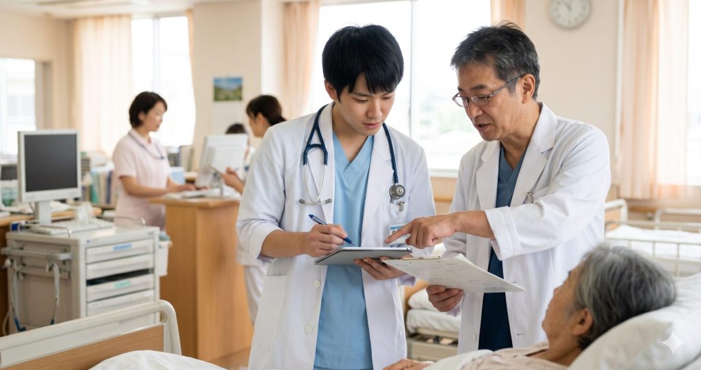 研修医が指導医に教わっている病院のイメージ